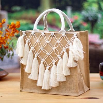 Trellis and Tassels,'Jute Cotton Macrame Tote Bag with Trellis and Tassel Accents'