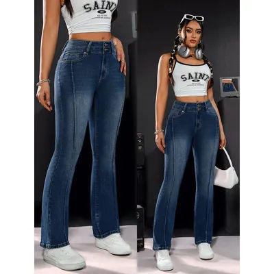Pantalon en jean stretch taille haute pour femme, détails à double bouton, coupe confortable, jambe droite