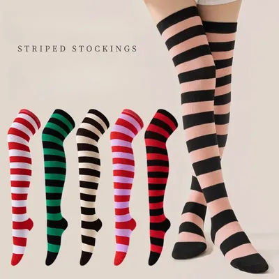 Thigh High Stockings Womens Striped Girls Black White Pink Long Over Above Knee Socks Halloween Cosplay Lolita Harajuku Y2k Sock