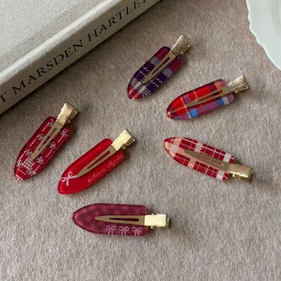6PCS Korean Style Red Plaid Bow Hair Clips - Seamless Snap Clips, Sweet Preppy Side & Bangs Clips for Women