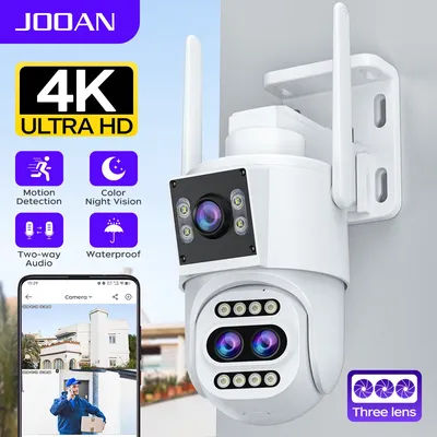 JOOAN 4K Three Lens WiFi IP Camera Outdoor 10x Zoom Dual Screen PTZ Security Camera Auto Tracking Night vision Video Surveillanc