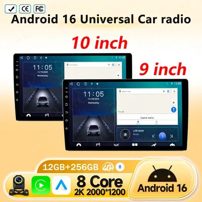 Autoradio Android 16 universel 9/10 pouces, CarPlay, Android Auto, GPS, lecteur multimédia 2 DIN, WiFi, écran QLED, Bluetooth