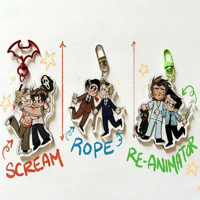 Horror Movie Chibi Acrylic Keychains Set - Scream, Rope & Re-Animator Cult Classic Charms for Fans, Bag Zipper, Phone Strap Gift