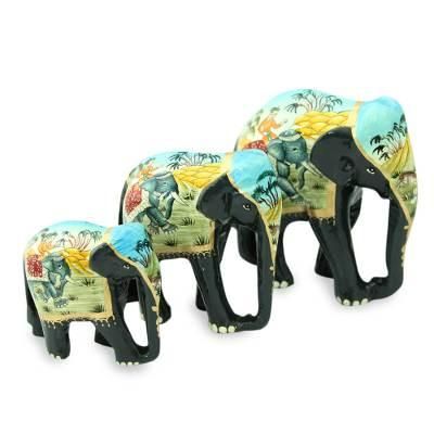 Black Elephant Trio,'3 Artisan Crafted Lacquered Wood Elephant Sculptures'