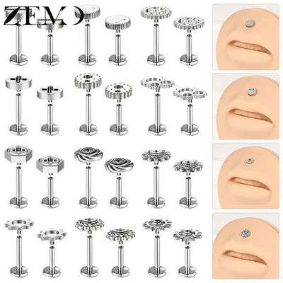 ZEMO 1 PC 16G Gear Stainless Steel Lip Studs Unisex Punk Labret Lip Piercings Metal Mechanical Style Helix Tragus Piercing 6/8MM