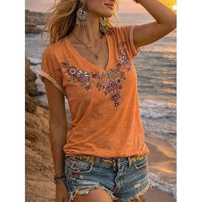 Per donna Maglietta Stampato Floreale Bohemien Vintage Casual Manica Corta Scollo a V Top Regolari Quotidiano Giallo Viola Arancione Verde Grigio Estate Primavera