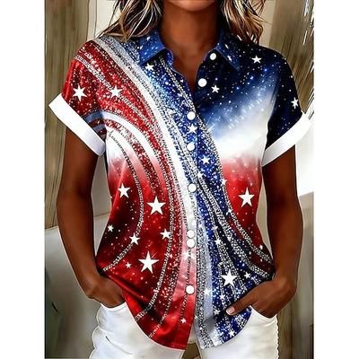Giorno dell'Indipendenza Americana Per donna Camicia Camicie di cotone e lino Blusa Bottoni Floreale Grafico Bandiera Vintage Elegante Casual Senza Maniche Manica Corta Colletto a Camicia Top lunghi