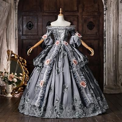 Rococò Barocco Abito da Ballo Lunghezza al pavimento Vestito Abito da Ballo Maniche corte Principessa Sposa Pizzo Ricamato Floreale Floreale Abito da ballo Costume Per donna Halloween Carnevale