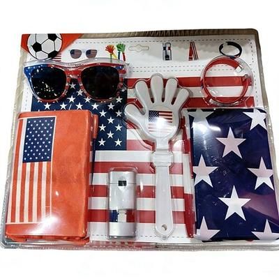 Set di 6 accessori per tifosi della Coppa del Mondo di calcio estiva: bandiera, occhiali da tifoso, ciak, pittura per il viso, oggetti di scena per i tifosi di calcio per la festa del giorno della