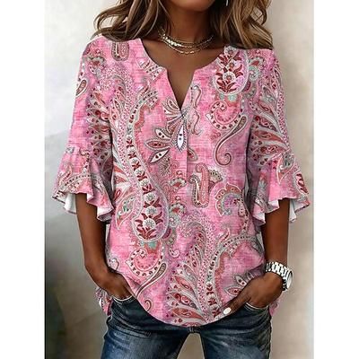 Per donna Blusa Volant Stampato Grafico Paisley Vacanza Vintage Quotidiano Manica 3/4 Scollo a V Top Regolari Casuale Quotidiano Ferie Blu Giallo Rosa Viola Estate Primavera