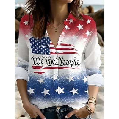 Giorno dell'Indipendenza Americana Per donna Camicia Bottoni Stampato Grafico 250° anniversario degli Stati Uniti Vintage Elegante Moderno Manica Lunga Colletto a Camicia Top lunghi Quotidiano Blu