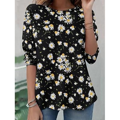 Ramadan Per donna Maglietta Stampato Floreale Grafico Piante Bohemien Vintage Elegante Manica Lunga Girocollo Top Regolari Quotidiano Weekend Abbigliamento da vacanza Blu Nero Giallo Rosa Rosso