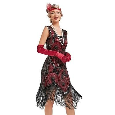 Anni Ruggenti Anni 1920 Lunghezza al ginocchio Vestito Abito Flapper Abiti Senza maniche Il grande Gatsby Paillettes Frangia con nappe Geometrico Scollo a V Costume Per donna Halloween Festa serale