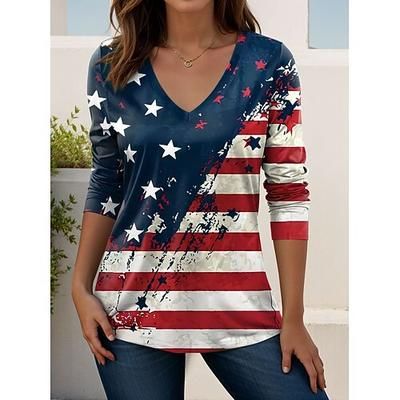 Giorno dell'Indipendenza Americana Per donna Maglietta Stampato Grafico Bandiera Americana Vintage Elegante Classico Manica Lunga Scollo a V Top Regolari Quotidiano Weekend Nero Bianco Rosso Blu