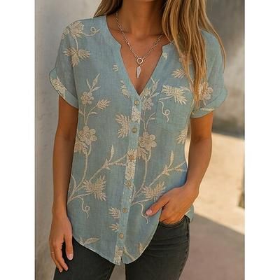 Per donna Blusa Camicia in finto lino Bottoni Stampato Floreale Vintage Elegante Casual Manica Corta Scollo a V Top Regolari Quotidiano Blu Viola Verde Azzurro Estate Primavera