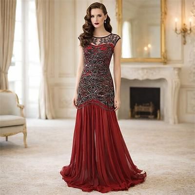 Anni Ruggenti Anni 1920 Lunghezza alla caviglia Vestito Abito da sera Abito da Ballo Senza maniche Il grande Gatsby Taglie Forti Invitato al matrimonio Paillettes Costume Per donna Carnevale