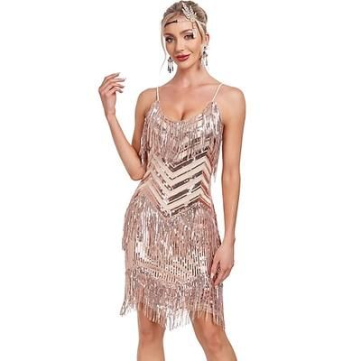 Anni Ruggenti Anni 1920 Sopra il ginocchio Lunghezza al ginocchio Vestito Abito Flapper Senza maniche Il grande Gatsby Charleston Paillettes Frange Paillettes A righe Tubino Colonna Scollo Tondo
