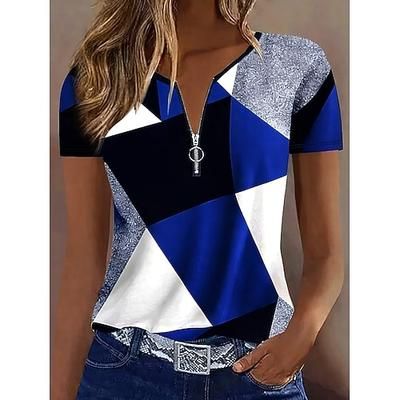Per donna Maglietta Cerniera Zip a un quarto Grafico Geometrico Astratto Vintage Tropicale Hawaiano Manica Corta Girocollo Top Regolari Matrimonio in Spiaggia Quotidiano Sportivo Blu Nero Rosa Rosso
