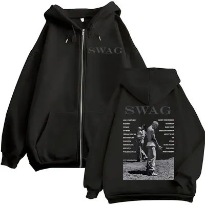 Rapper Justin Bieber SWAG New Album 2025 Zip Up Hoody Men Gothic Long Sleeve Jacket Sweatshirt Hip Hop Streetwear Zipper Hoodie