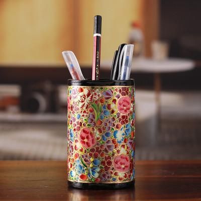 'Hand-Painted Colorful Floral Wood Papier Mache Pen Holder'