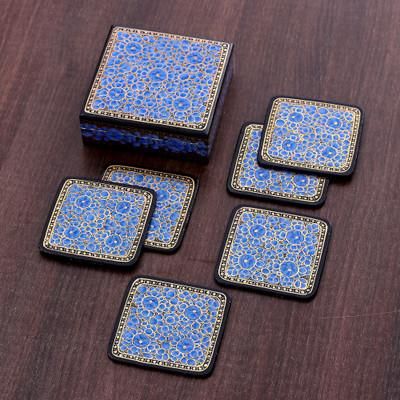 Blooming Winter,'Set of 6 Floral Blue Wood and Papier Mache Coasters'