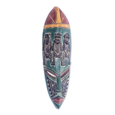 Wise Ancestors,'Handcrafted Folk Art Green Sese Wood African Mask from Ghana'