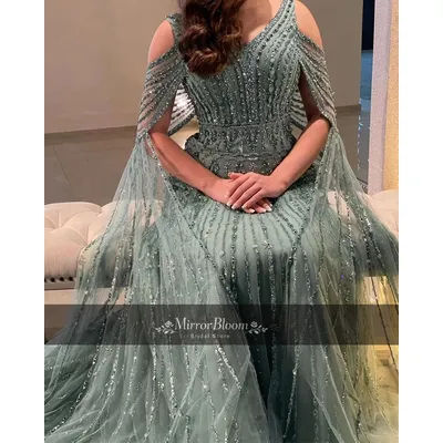Robe de soirée élégante verte personnalisée à épaules dénudées, avec manches cape perlées, robe de bal formelle, robe de luxe en dentelle coupe trapèze pour invitée de mariage