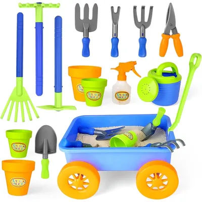 Pull Along Kids toy Garden Wagon Play Set with Wheelbarrow 10 Accessories & 4 Plant Pots