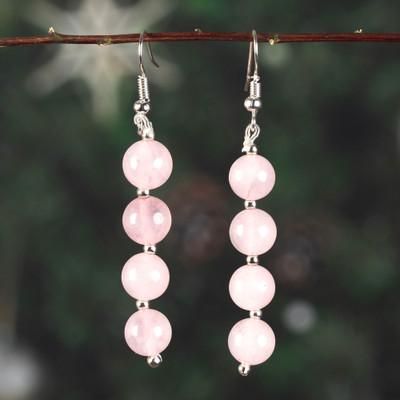 Blush Glory,'Beaded Dangle Earrings with 8 Round Rose Quartz Stones'