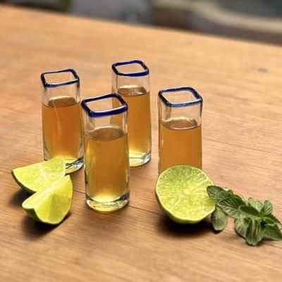 '4-Piece Handblown Tequila Glass Set with Blue-Toned Rims'