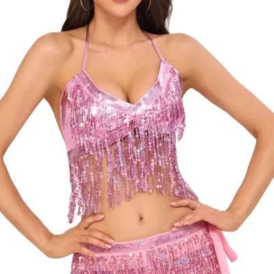 Costume de scène sexy à paillettes et franges pour femmes, haut court à épaules dénudées tendance