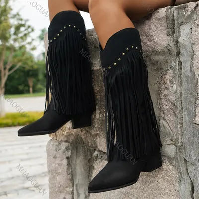 Nouvelles femmes Vintage frange bottes genou-haut épais talon haut bout pointu automne bottes longues femme daim Western Cowboy chaussons