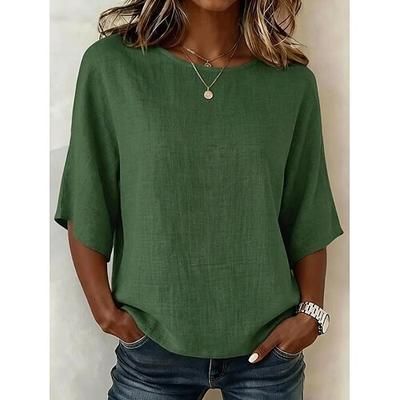 Per donna Camicie effetto lino Tunica Tinta unica Semplice Vintage Elegante Top Regolari Casuale Quotidiano All'aperto Nero Bianco Cachi Verde Azzurro Estate Primavera