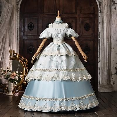 Rococò Barocco Abito da Ballo Lunghezza al pavimento Vestito Abito da Ballo A palloncino Maniche corte Principessa Sposa Pizzo Ricamato Abito da ballo Collo quadrato Costume Per donna Reale Halloween