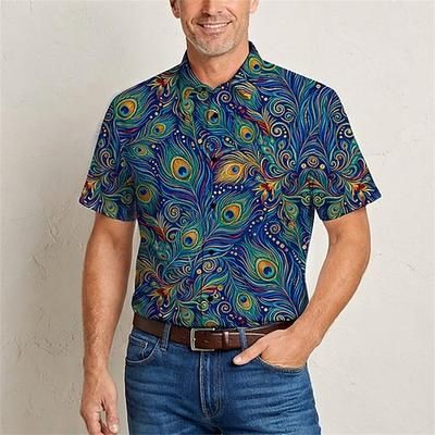 Retrò Vintage Hippie Anni '70 Camicia Maniche corte Hippie Pavone Costume Per uomo Festival Musicale Feste Abbigliamento quotidiano Adulti Camicia Primavera Estate