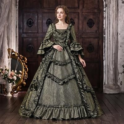Rococò Barocco Abito da Ballo Lunghezza al pavimento Vestito Abito da Ballo Lunghe Principessa Sposa Allacciato Pizzo Floreale Abito da ballo Collo quadrato Costume Per donna Reale Halloween
