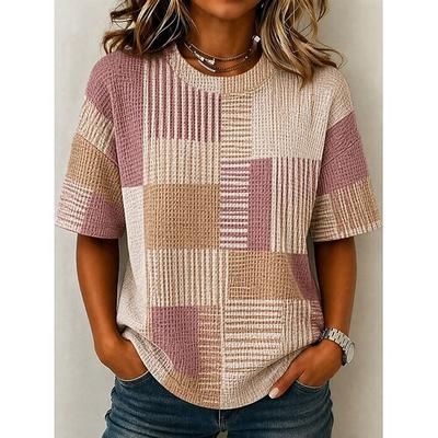 Per donna Maglietta Waffle Top a maglia con texture Maglietta Top estivi Spalla abbassata Stampato Grafico Geometrico Plaid Vintage Elegante Classico Manica Corta Girocollo Top Regolari Casuale