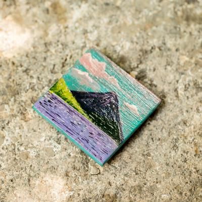 'Hand-Painted Cedarwood Magnet of Guatemalan Lake Atitlan'