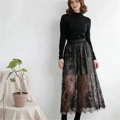 Jupe longue en tulle transparente et élégante en dentelle sexy, taille haute élastique, 2 longueurs, pour femme