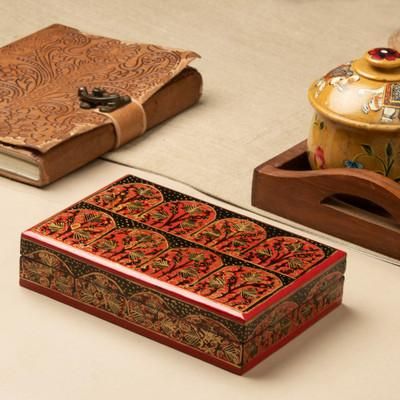 'Sylvan-Inspired Painted Crimson and Black Papier Mache Box'