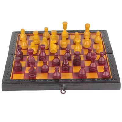 Royal Battle,'Red and Yellow Leather Travel Chess Set from Ghana'