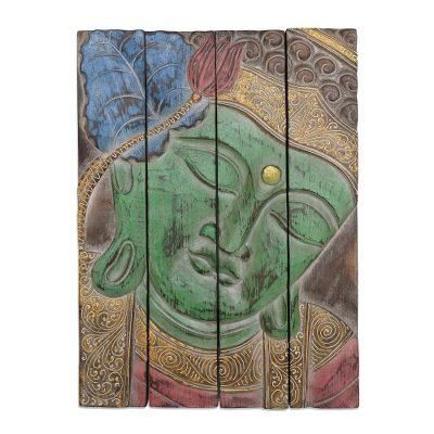 Buddha Visage in Green,'Four Panel Wood Wall Panel Buddha in Green'