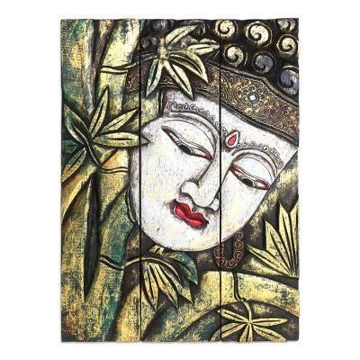 Buddha with Lotus in Green,'Three Panel Wood Wall Panel Buddha with Lotus in Green'