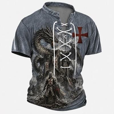 cavalieri templari crociati armatura croce rossa corvo camicia henley da uomo medievale rinascimentale vintage gotica stampa all over allacciatura manica corta fiera rinascimentale cosplay costume