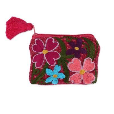 Garden of Treasures,'Cotton Colorful Embroidered Floral Motif Coin Purse'