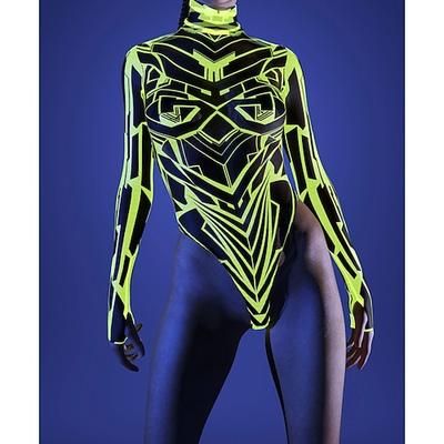 body da donna cyber mech a taglio alto, body a maniche lunghe stampato in 3D, tuta da guerriera robot futuristica, outfit sexy per rave party, abbigliamento da festival