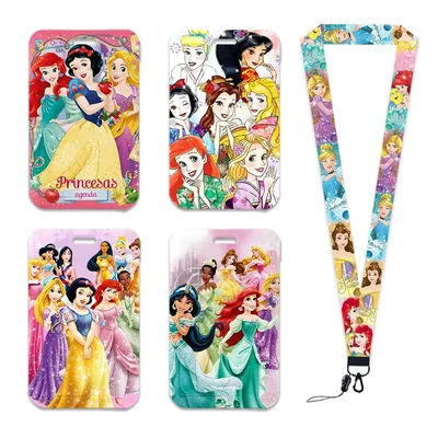Disney Princesses Pattern Vertical Card Holder Work Student ID Badge with Lanyard