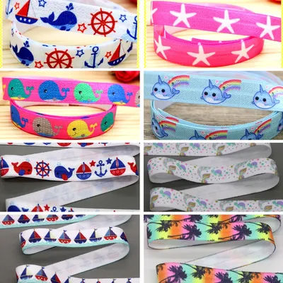 DHK 5/8'' 10yards Mermaid Lobster Anchor Whale Dolphin Printed Fold Elastic FOE Stretch Ribbon Decorations DIY Sewing B2328