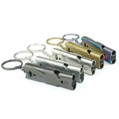 Outdoor Emergency Survival Whistle Keychain High Decibel Stainless Steel Double Pipe Camping Hiking Pendant Whistles EDC Tools