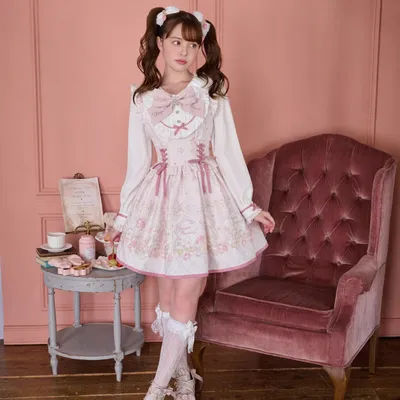 Japanese Kawaii Sweet Lolita Dress Women Doll Collar Cartoon Print Elastic Waist Tea Party Dress Jirai Kei Y2K Subculture Dress